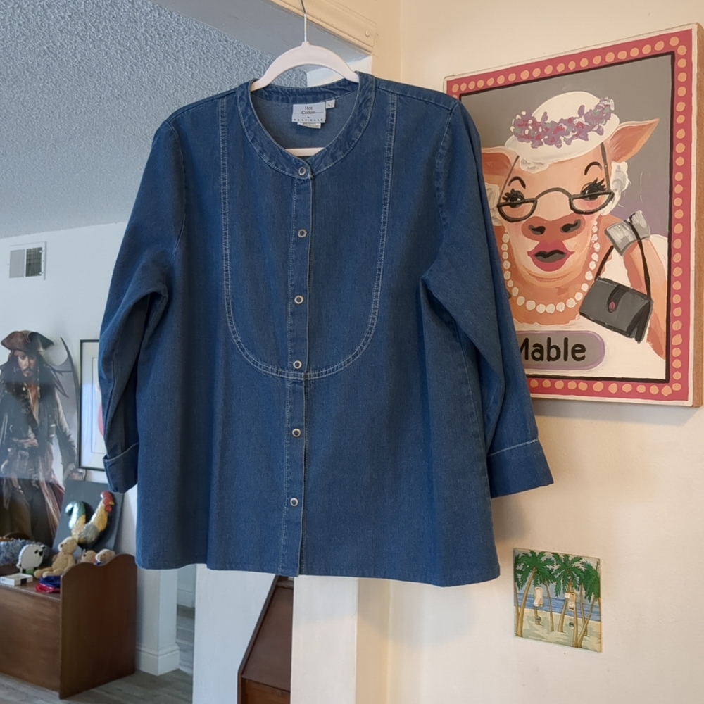 💕 MARC WARE HOT COTTON 💕 Snap Front Denim Shirt Cuffed Sleeve Blue Blue Sz L